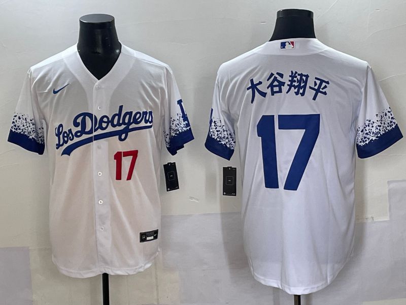 Men Los Angeles Dodgers 17 Ohtani White blue City Edition Nike MLB Jersey style 3
